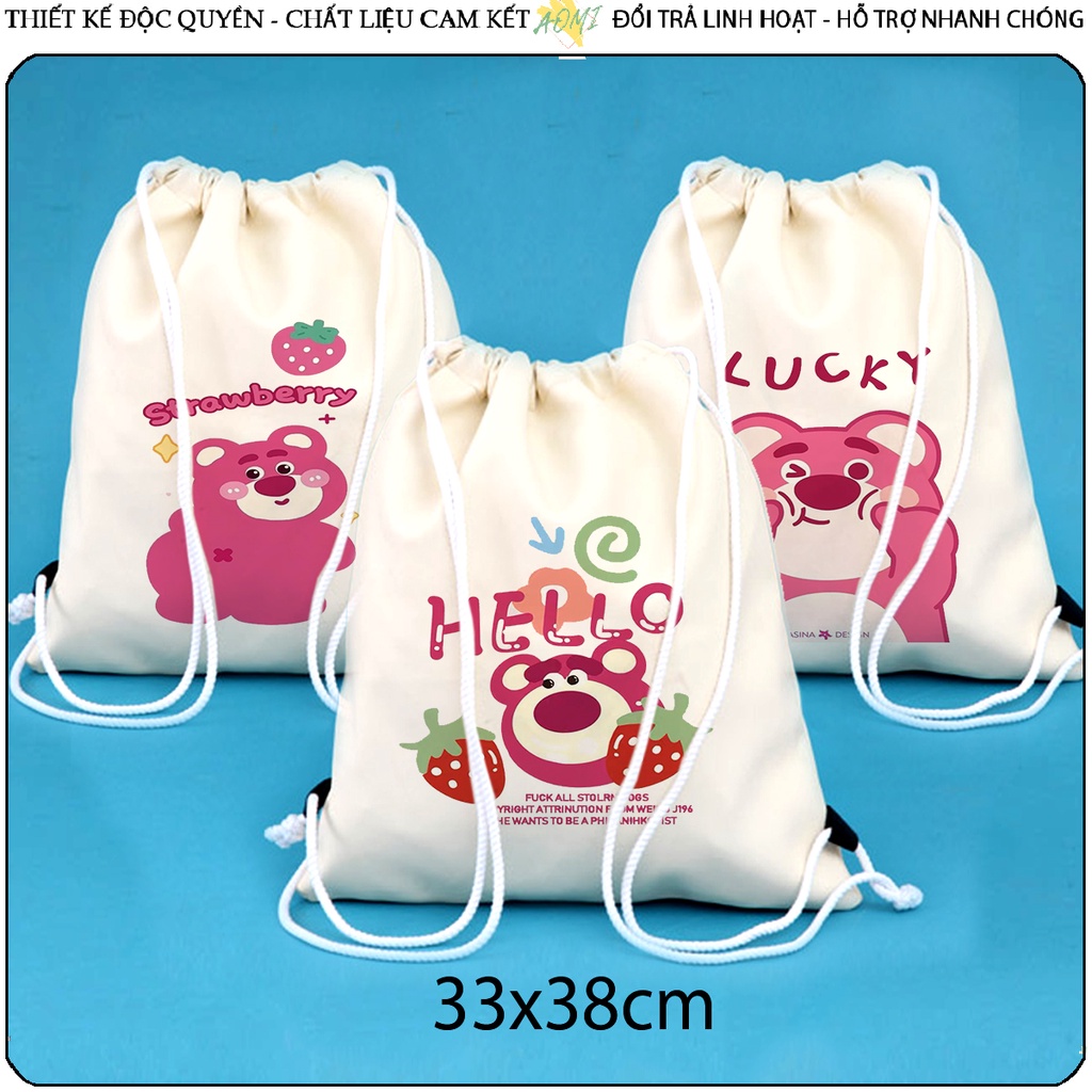 BALO MINI GẤU DÂU STRAWBERRY LOSTO AOMIVN DÂY RÚT ĐEO VAI 33x38cm NHỎ XINH UNISEX CHẤT CANVAS CUTE TIỆN ÍCH DU LỊCH