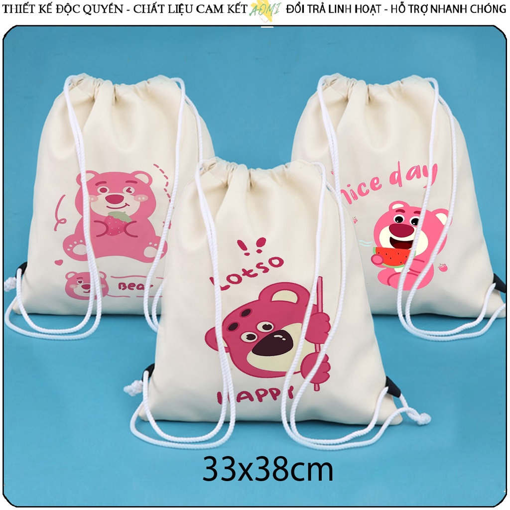 BALO MINI GẤU DÂU STRAWBERRY LOSTO AOMIVN DÂY RÚT ĐEO VAI 33x38cm NHỎ XINH UNISEX CHẤT CANVAS CUTE TIỆN ÍCH DU LỊCH