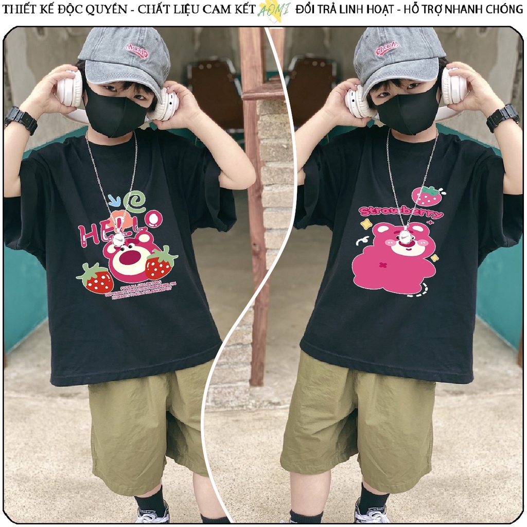 ÁO THUN GẤU DÂU STRAWBERRY LOSTO UNISEX PHÔNG ĐEN TAY NGẮN NAM NỮ GIA ĐÌNH CẶP ĐÔI SIZE TRẺ EM BÉ TRAI GÁI AOMIVN