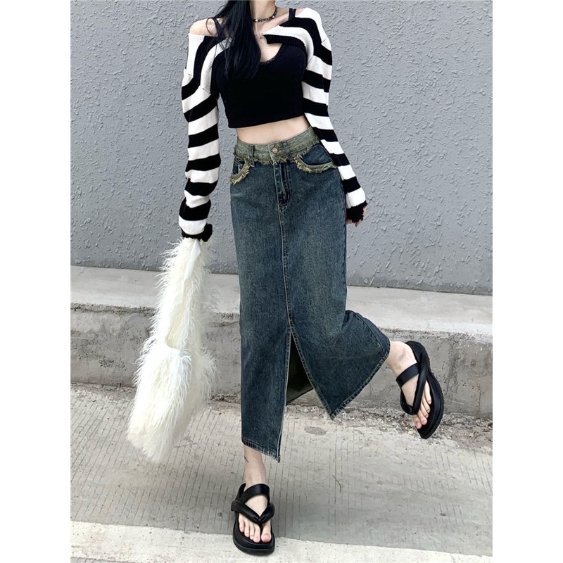 Chân Váy Denim Chữ a Lưng Cao Xẻ Tà Thời Trang Mùa Xuân Mới 2023