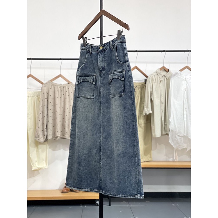 Chân Váy Denim Lưng Cao Phối Túi Thiết Kế Xẻ Tà Thời Trang Mùa Hè Phong Cách Hồng Kông 2023