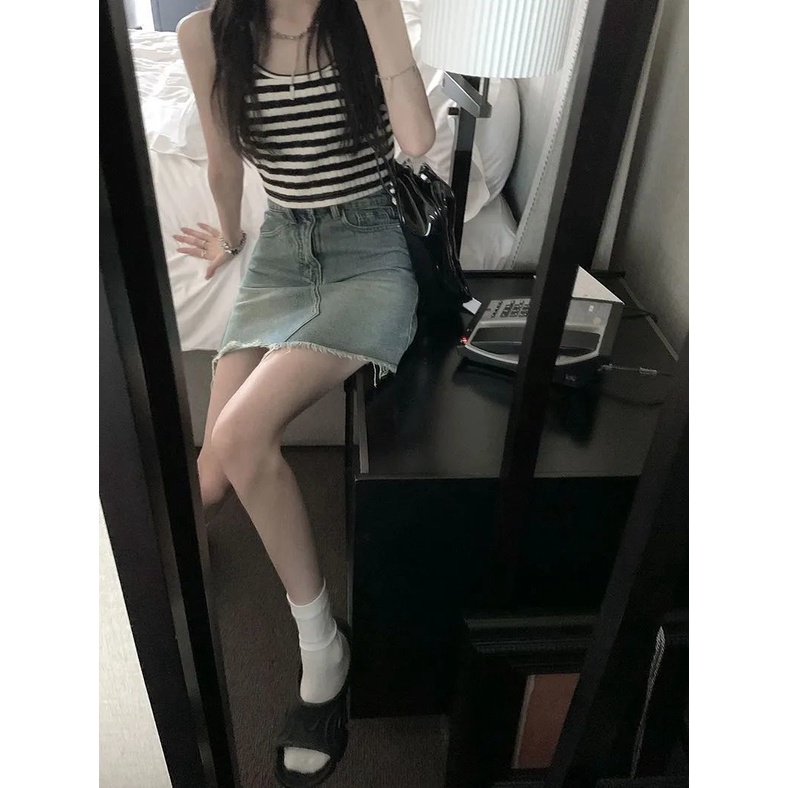 Chân Váy Denim Chữ A Lưng Cao Phối Túi Màu Sắc Tương Phản Thời Trang Mùa Hè 2023 Cho Nữ
