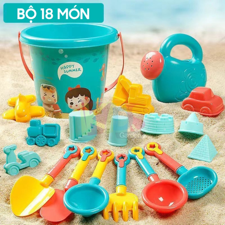 Bộ đồ chơi xúc cát PTLUXURY cho bé đi biển vịt vàng vịt xanh với nhiều phụ kiện đi kèm