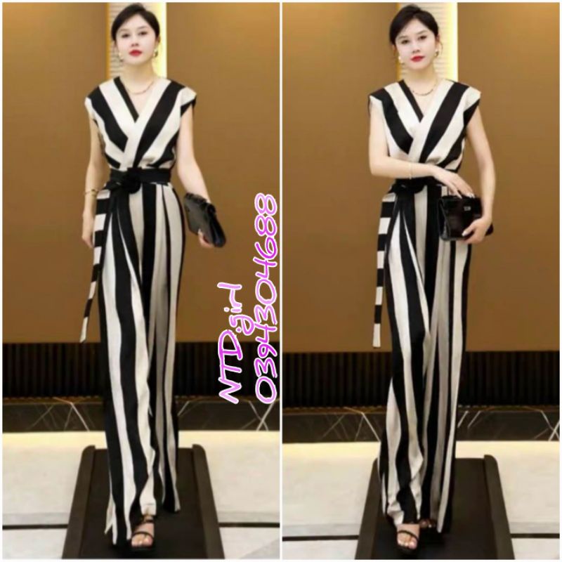Hàng nhập - Jumpsuit dài ống rộng kẻ sọc trắng đen, bộ jum đồ bay cổ V xếp không tay