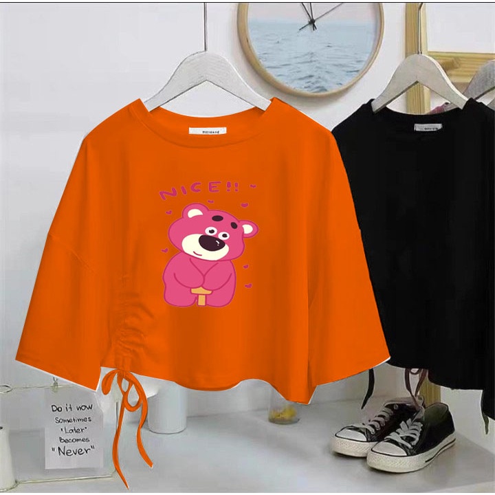 Áo thun crt rút dây cho bé gái hình gấu dâu nice day  chất cotton phom rộng đủ size từ 9 đến 65kg