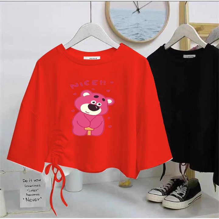 Áo thun crt rút dây cho bé gái hình gấu dâu nice day  chất cotton phom rộng đủ size từ 9 đến 65kg