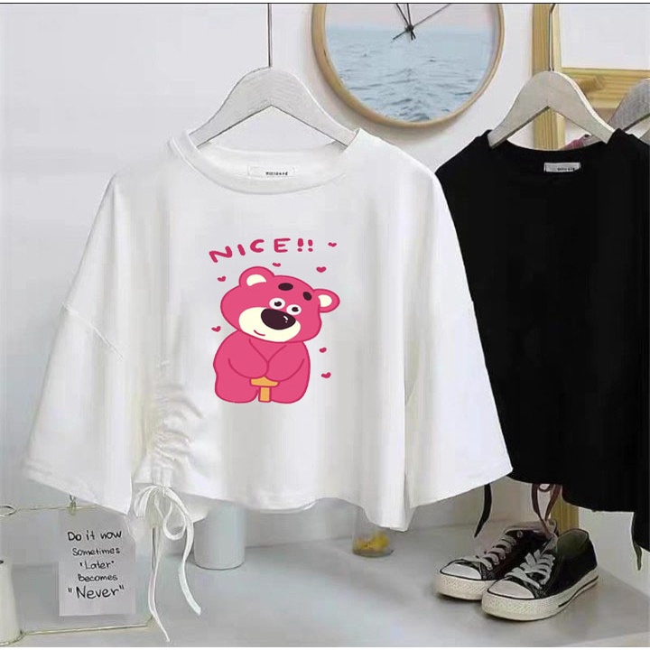 Áo thun crt rút dây cho bé gái hình gấu dâu nice day  chất cotton phom rộng đủ size từ 9 đến 65kg