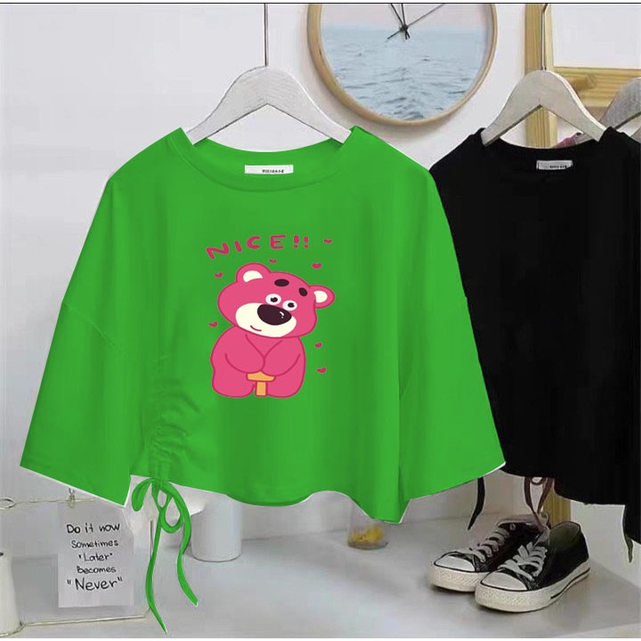 Áo thun crt rút dây cho bé gái hình gấu dâu nice day  chất cotton phom rộng đủ size từ 9 đến 65kg