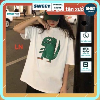 Áo phông nữ 💝SWEET2812💝áo thun khủng long xanh cotton hút mồi hôi mát nhiều màu form thụng