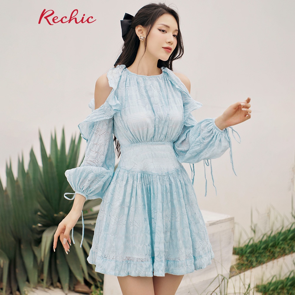 RECHIC Đầm xòe ngắn khoét vai Lacy tơ hoa tay dài nữ tính