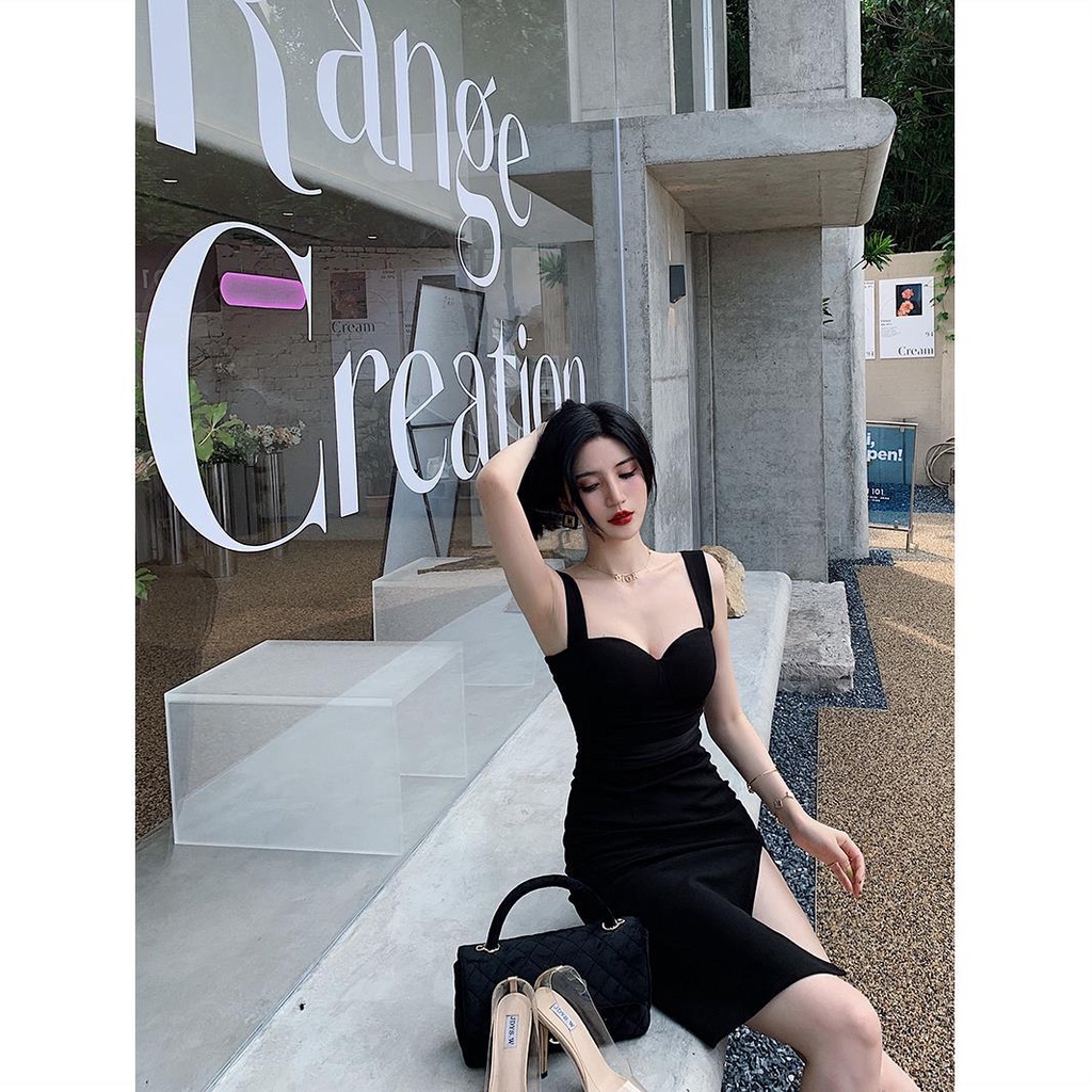 Đầm Hai Dây Dáng Ôm Xẻ Tà Chéo Ngực Màu Đen Quyến Rũ Cho Nữ