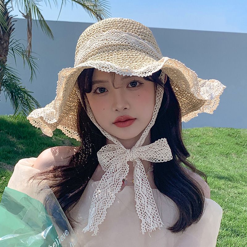 Mũ Cói Rộng Vành Che Nắng Phối Ren Có Thể Gấp Gọn Thời Trang Đi Biển Mùa Hè Cho Nữ