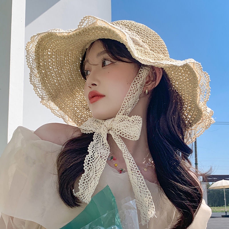 Mũ Cói Rộng Vành Che Nắng Phối Ren Có Thể Gấp Gọn Thời Trang Đi Biển Mùa Hè Cho Nữ