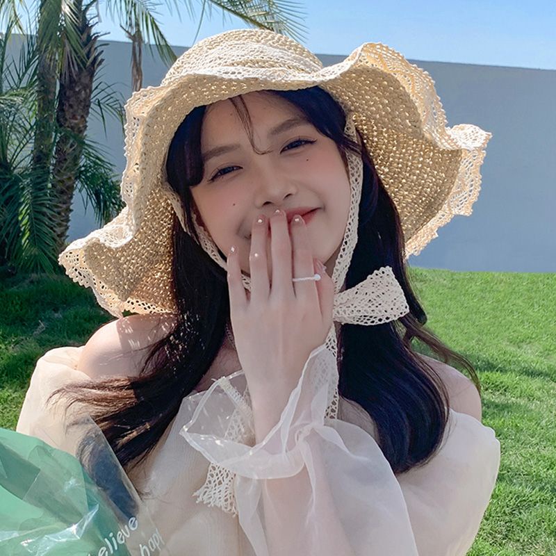 Mũ Cói Rộng Vành Che Nắng Phối Ren Có Thể Gấp Gọn Thời Trang Đi Biển Mùa Hè Cho Nữ