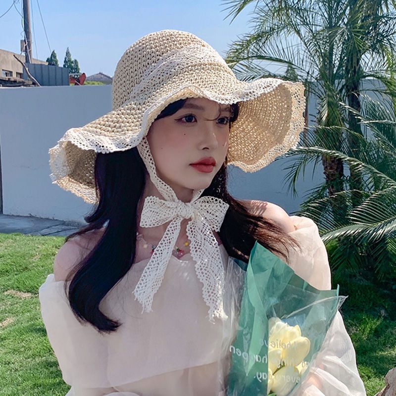 Mũ Cói Rộng Vành Che Nắng Phối Ren Có Thể Gấp Gọn Thời Trang Đi Biển Mùa Hè Cho Nữ