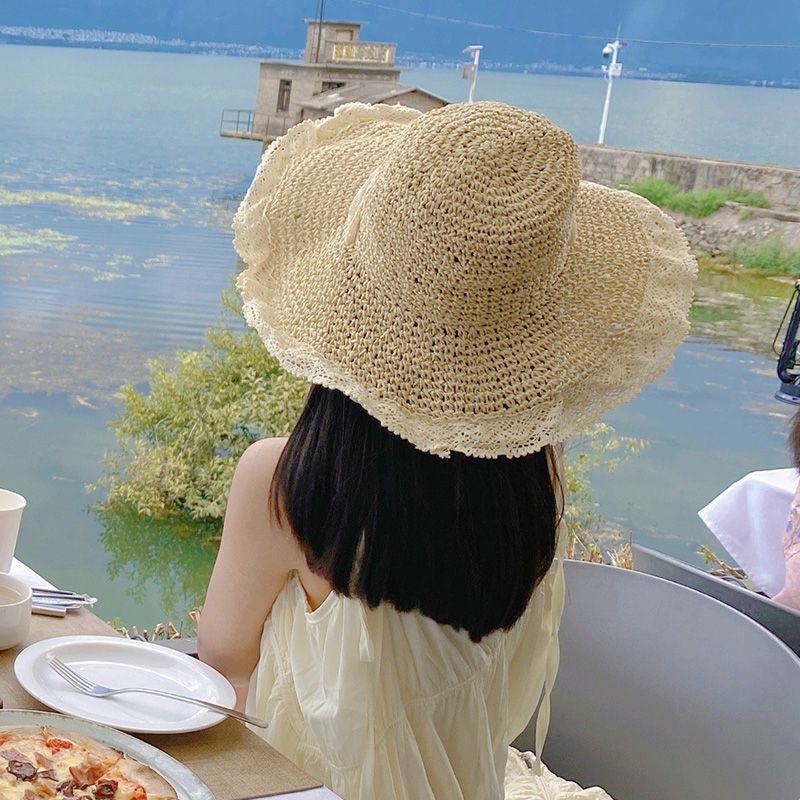 Mũ Cói Rộng Vành Che Nắng Phối Ren Có Thể Gấp Gọn Thời Trang Đi Biển Mùa Hè Cho Nữ