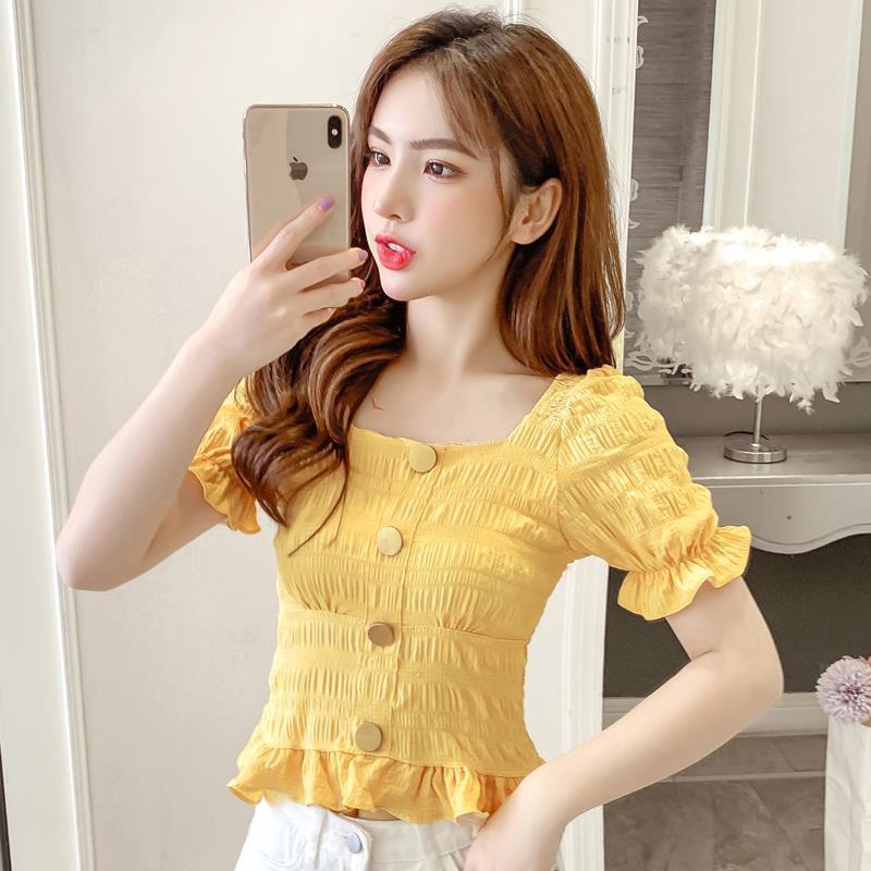 Áo Kiểu Tay Phồng Cổ Vuông Ôm Eo Xếp Ly Thời Trang Dành Cho Nữ