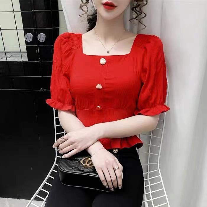 Áo Kiểu Tay Phồng Cổ Vuông Ôm Eo Xếp Ly Thời Trang Dành Cho Nữ