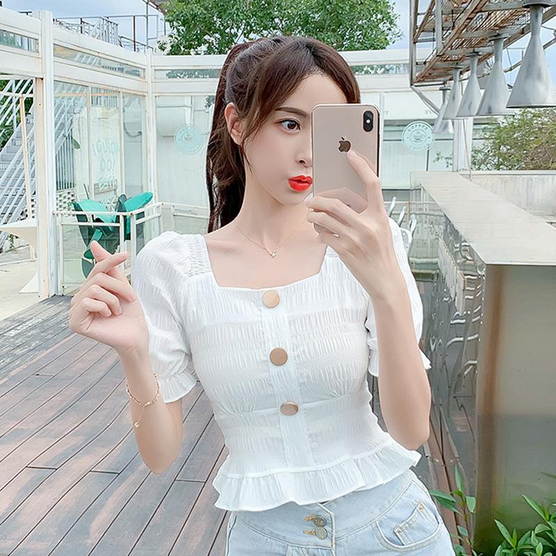 Áo Kiểu Tay Phồng Cổ Vuông Ôm Eo Xếp Ly Thời Trang Dành Cho Nữ