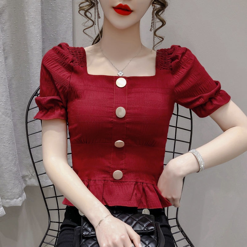 Áo Kiểu Tay Phồng Cổ Vuông Ôm Eo Xếp Ly Thời Trang Dành Cho Nữ