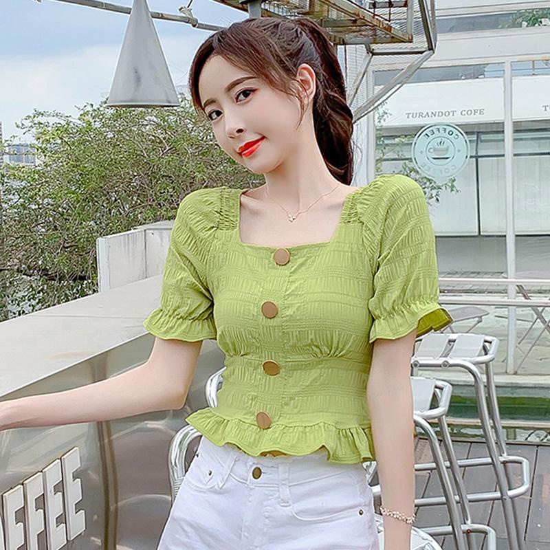 Áo Kiểu Tay Phồng Cổ Vuông Ôm Eo Xếp Ly Thời Trang Dành Cho Nữ