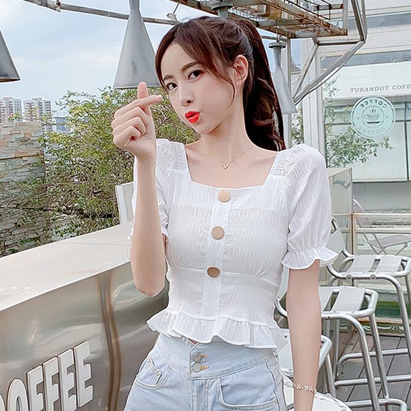 Áo Kiểu Tay Phồng Cổ Vuông Ôm Eo Xếp Ly Thời Trang Dành Cho Nữ