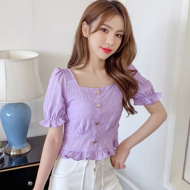 Áo Kiểu Tay Phồng Cổ Vuông Ôm Eo Xếp Ly Thời Trang Dành Cho Nữ