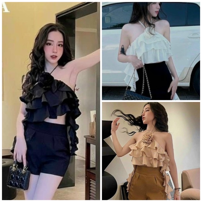Áo lụa kiểu cột cổ kết bông tua rua siêu hot