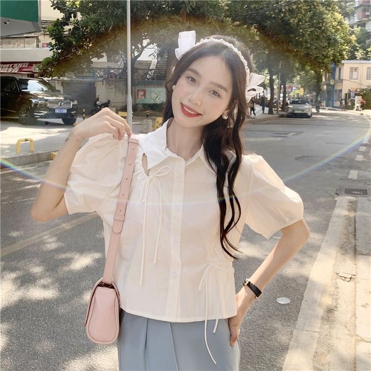 Áo Sơ Mi Ngắn Tay Dây Rút Phong Cách Hàn Quốc Thiết Kế Mới Cho Nữ