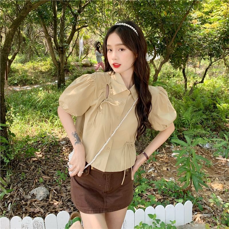 Áo Sơ Mi Ngắn Tay Dây Rút Phong Cách Hàn Quốc Thiết Kế Mới Cho Nữ
