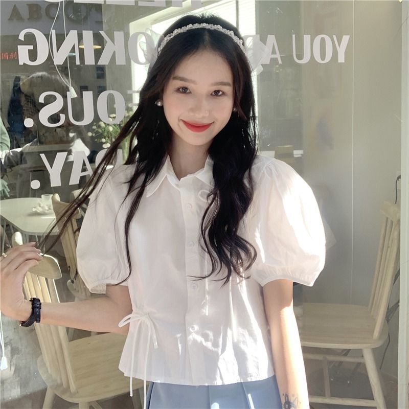 Áo Sơ Mi Ngắn Tay Dây Rút Phong Cách Hàn Quốc Thiết Kế Mới Cho Nữ