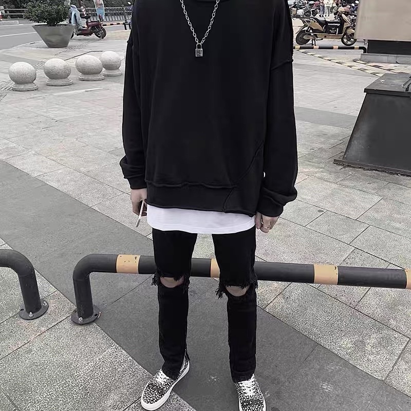 Quần jean rách gối zipper streetwear vải denim co giãn Quixotic