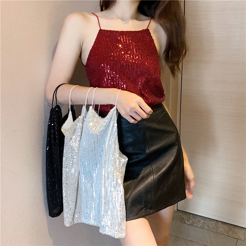 Áo Hai Dây Ngắn Ôm Dáng Đính Kim Sa Lấp Lánh Quyến Rũ Phong Cách Mới Cho Nữ
