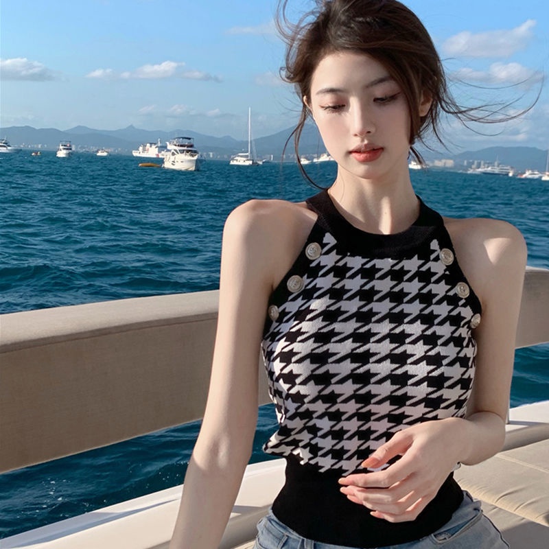 Áo Hai Dây Dệt Kim Dáng Ngắn Lưng Cao Màu Đen Thời Trang Mùa Hè Quyến Rũ Cho Nữ