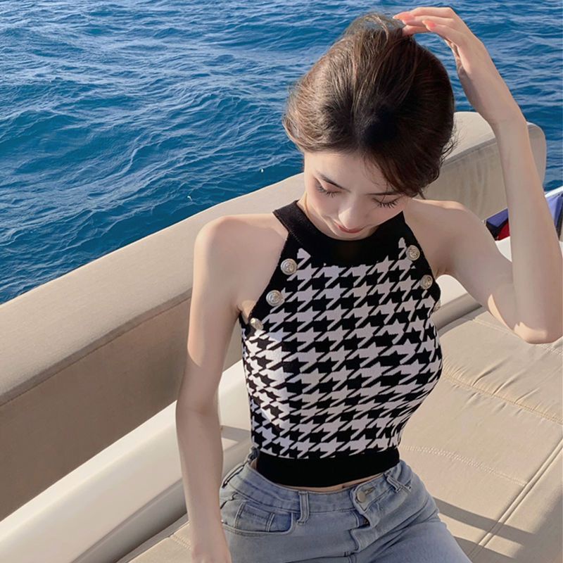 Áo Hai Dây Dệt Kim Dáng Ngắn Lưng Cao Màu Đen Thời Trang Mùa Hè Quyến Rũ Cho Nữ