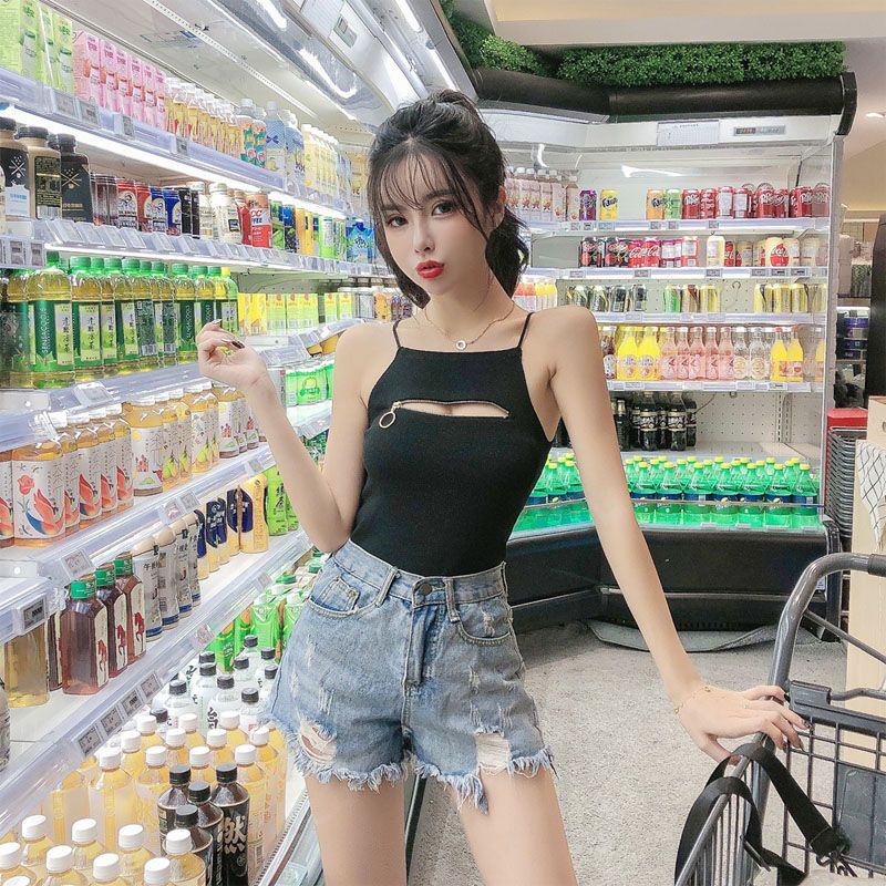 Áo Dệt Kim Hai Dây Dáng Ôm Phối Khóa Kéo Phong Cách Hong Kong Thời Trang Mùa Hè Mới Cho Nữ