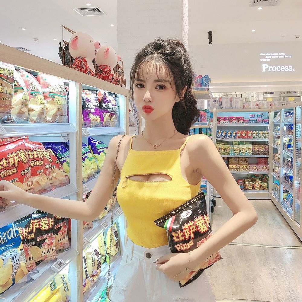 Áo Dệt Kim Hai Dây Dáng Ôm Phối Khóa Kéo Phong Cách Hong Kong Thời Trang Mùa Hè Mới Cho Nữ