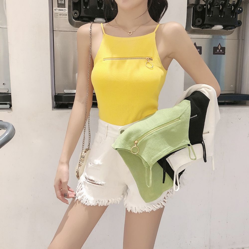 Áo Dệt Kim Hai Dây Dáng Ôm Phối Khóa Kéo Phong Cách Hong Kong Thời Trang Mùa Hè Mới Cho Nữ