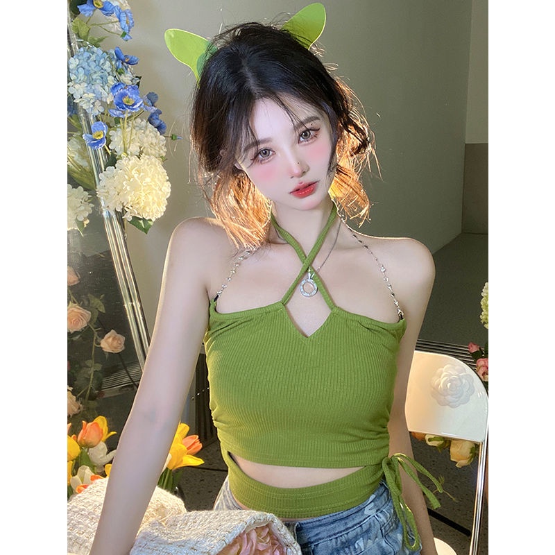 Áo Hai Dây Dệt Kim Ngắn Màu Xanh Lá Mùa Hè Phong Cách Mới Hợp Thời Trang Cho Nữ