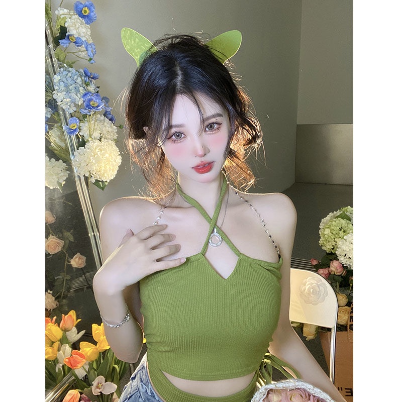 Áo Hai Dây Dệt Kim Ngắn Màu Xanh Lá Mùa Hè Phong Cách Mới Hợp Thời Trang Cho Nữ