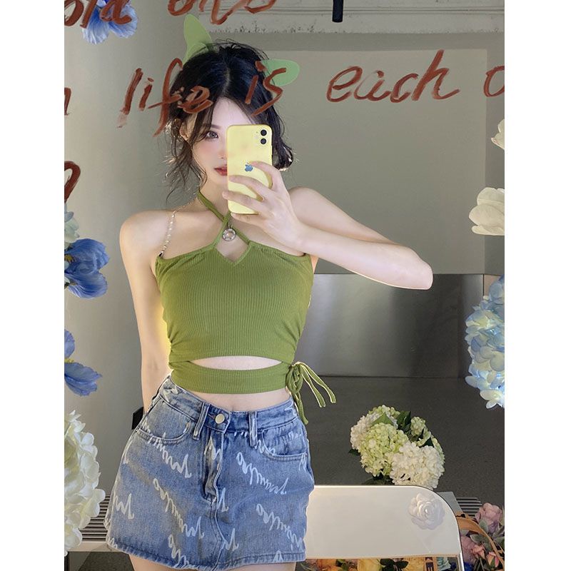 Áo Hai Dây Dệt Kim Ngắn Màu Xanh Lá Mùa Hè Phong Cách Mới Hợp Thời Trang Cho Nữ