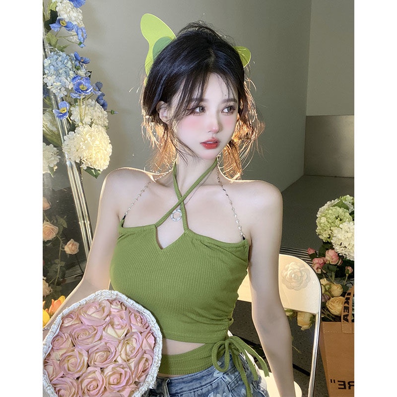 Áo Hai Dây Dệt Kim Ngắn Màu Xanh Lá Mùa Hè Phong Cách Mới Hợp Thời Trang Cho Nữ