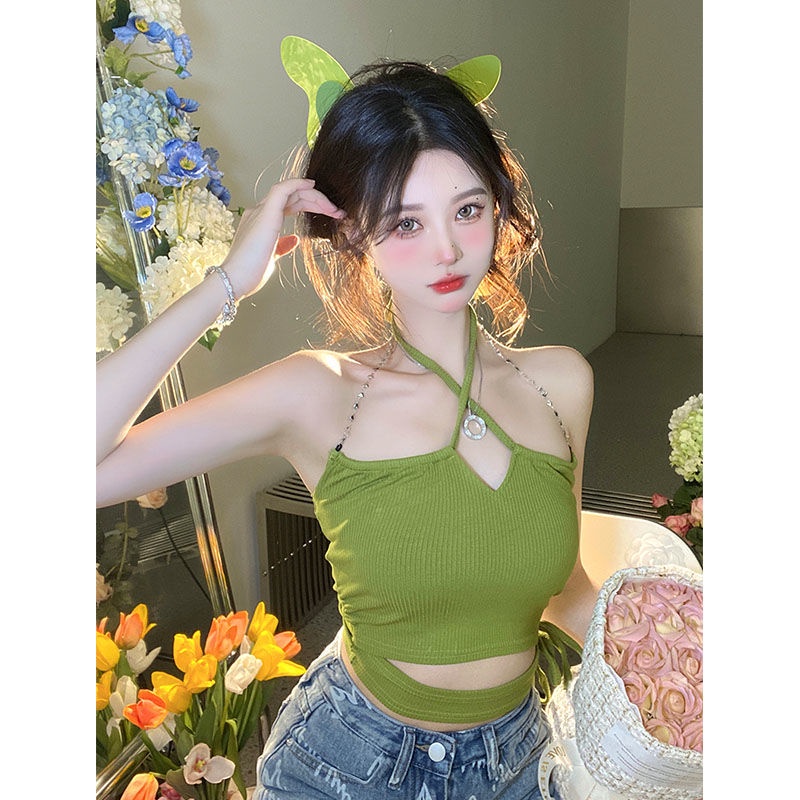 Áo Hai Dây Dệt Kim Ngắn Màu Xanh Lá Mùa Hè Phong Cách Mới Hợp Thời Trang Cho Nữ