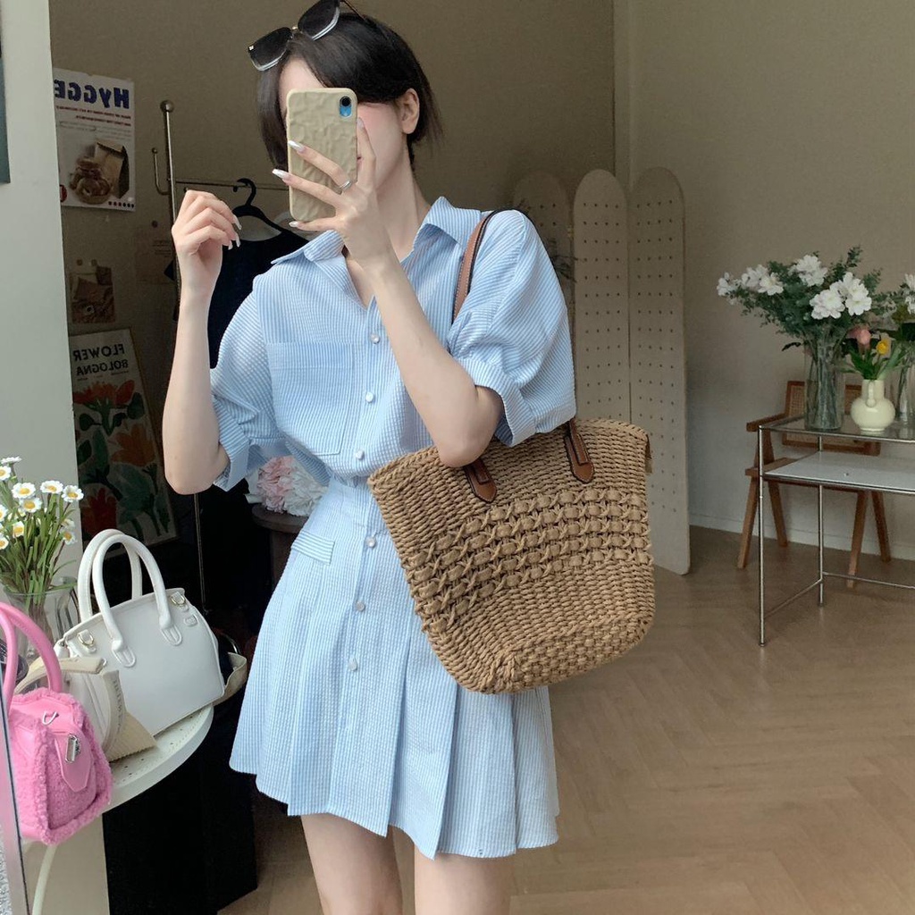 Đầm Sơ Mi Họa Tiết Sọc Siêu Mỏng Thời Trang Xuân Hè Cho Nữ