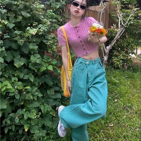 Jiashucheng Quần Jean Ống Rộng Lưng Cao Phong Cách Retro Mỹ Mùa Hè Mới Cho Nữ @ -