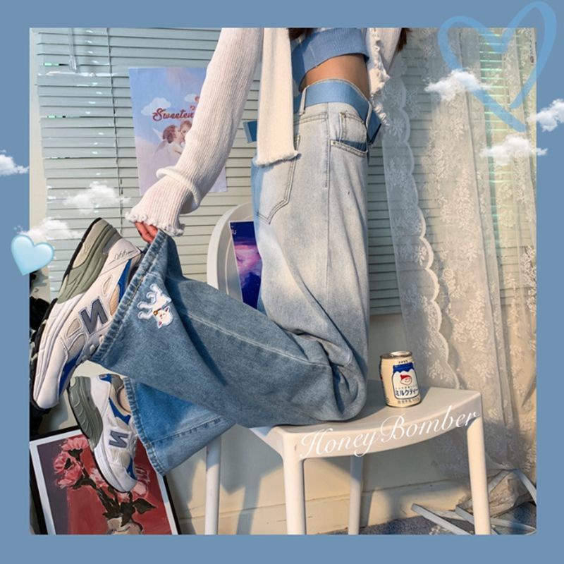 Quần Jeans Nữ Lưng Cao Thêu Hoa Thời Trang Hàn Quốc Xinh Xắn