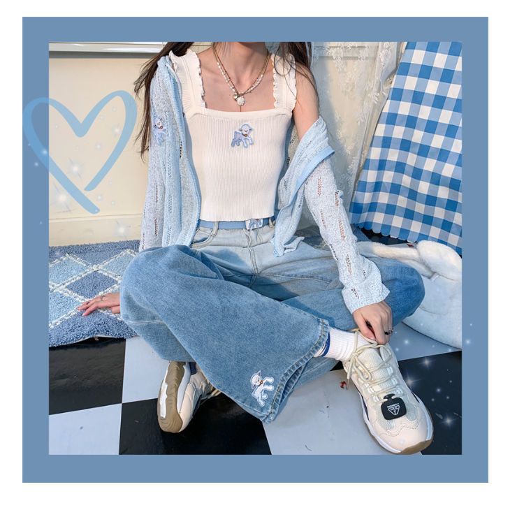 Quần Jeans Nữ Lưng Cao Thêu Hoa Thời Trang Hàn Quốc Xinh Xắn