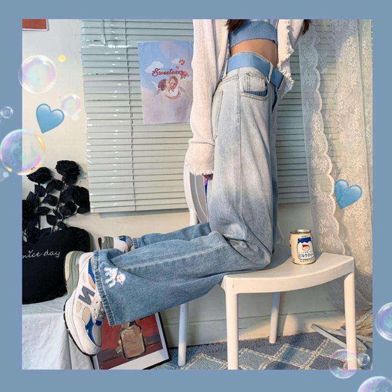 Quần Jeans Nữ Lưng Cao Thêu Hoa Thời Trang Hàn Quốc Xinh Xắn