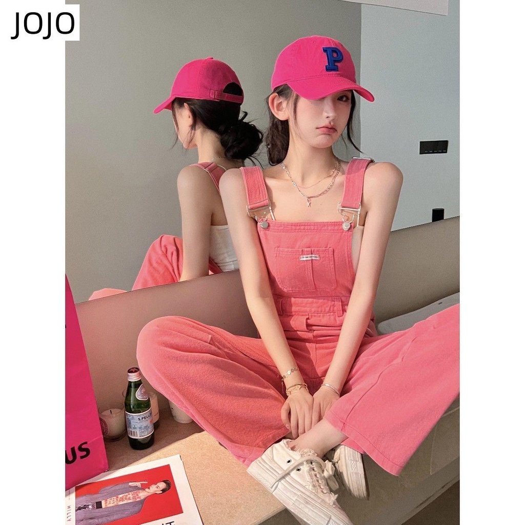 Quần Yếm Denim Hồng Lưng Cao Ống Rộng Thời Trang Mới