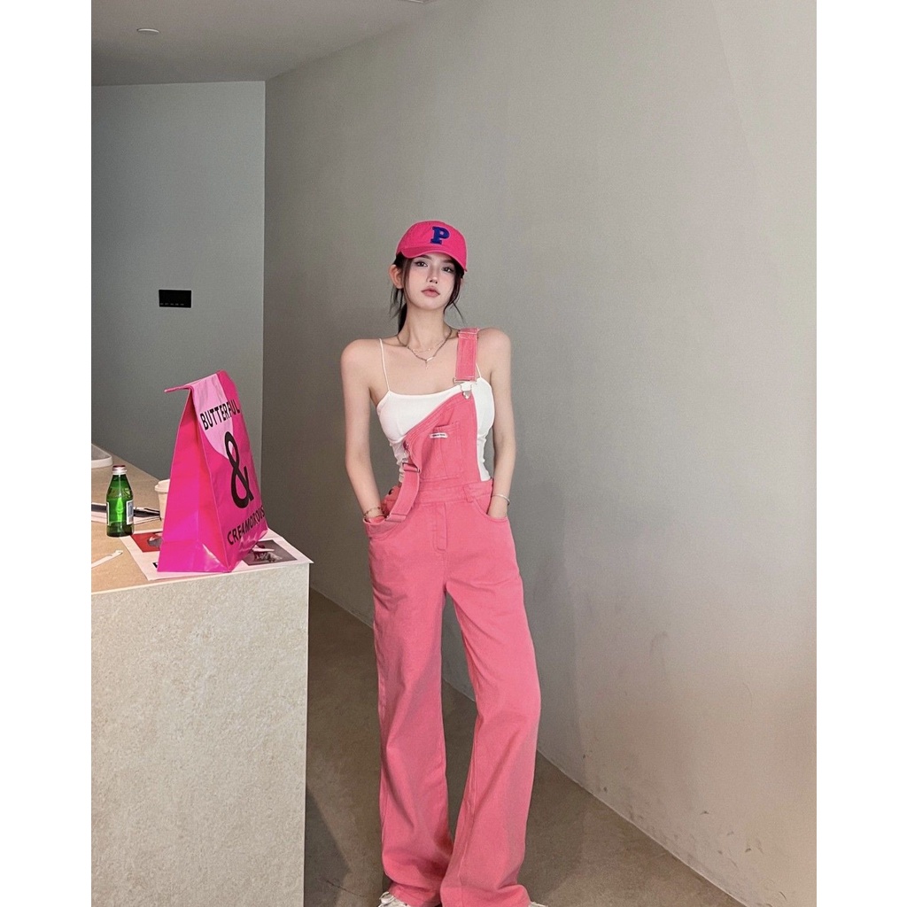 Quần Yếm Denim Hồng Lưng Cao Ống Rộng Thời Trang Mới